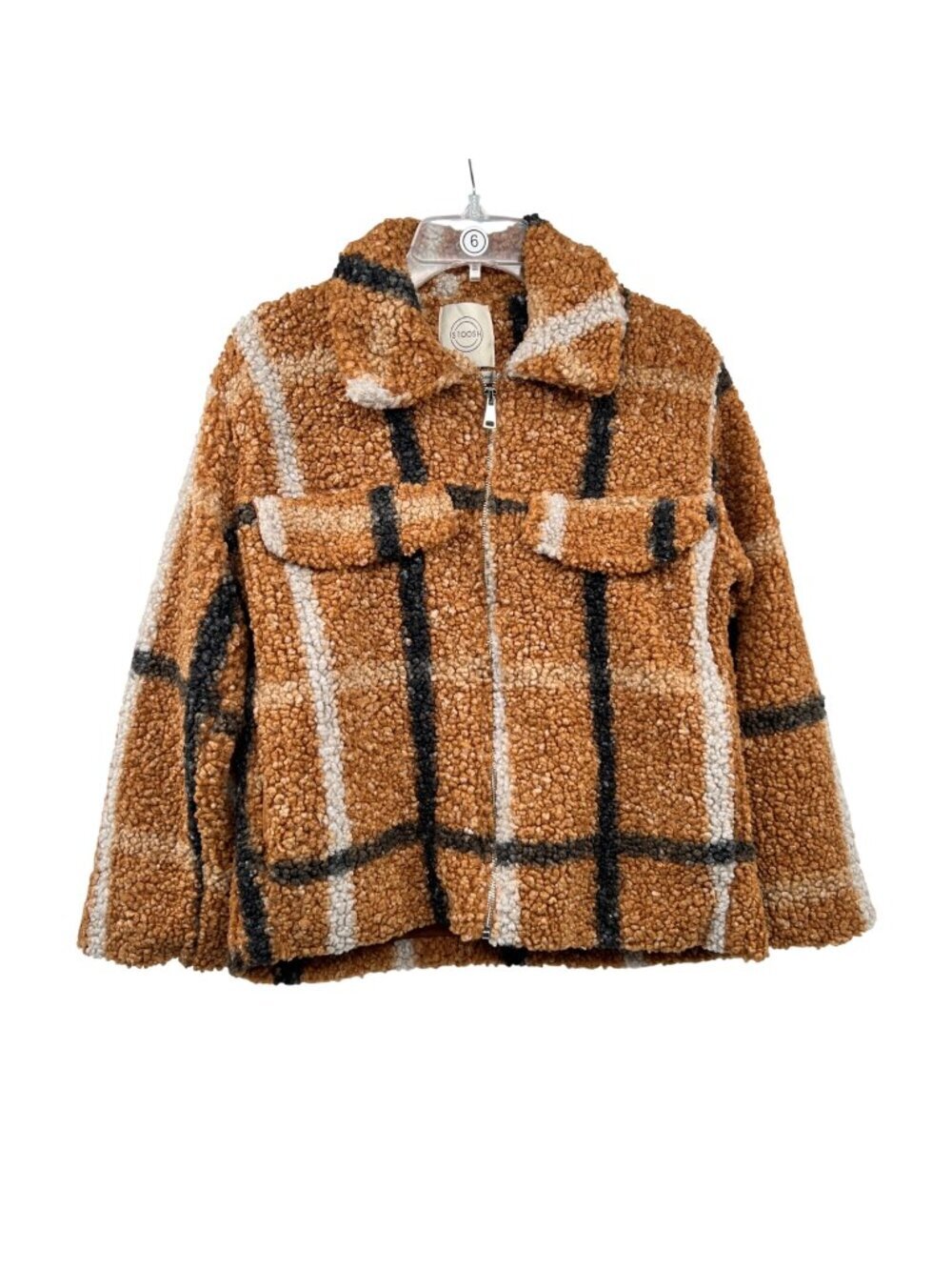 STOOSH Womens Sherpa Cropped Coat Zip Up Multicolor Plaid Size Small Pockets